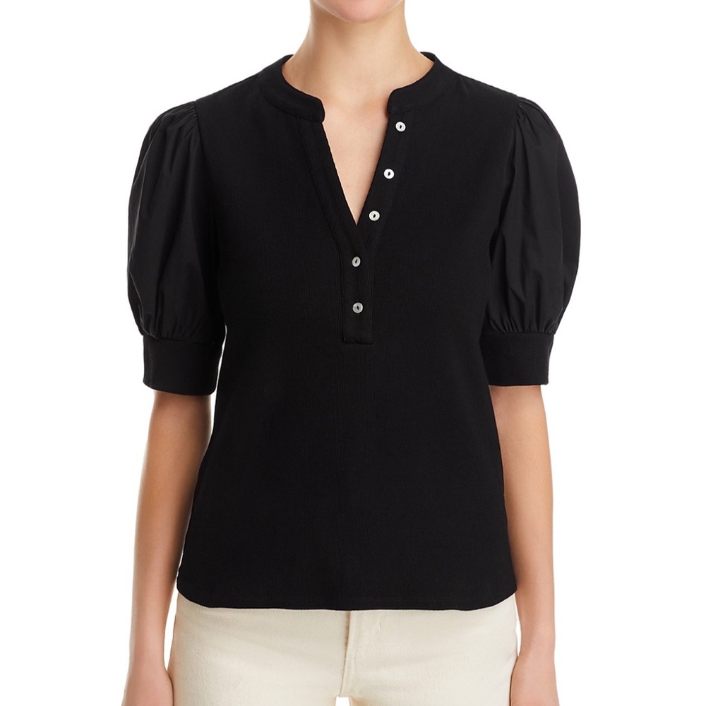 Small Black Puff Sleeve Henley Blouse New With Tags - Picture 2 of 6